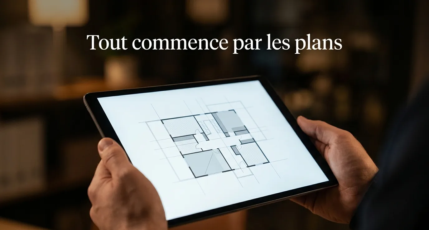 Mains d'un technicien tenant une tablette qui affiche un plan d'étage d'hôtel