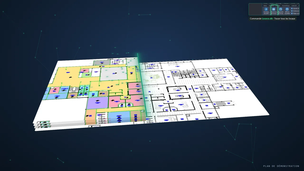 Plan basculé en 3D : les locaux détectés au passage du laser