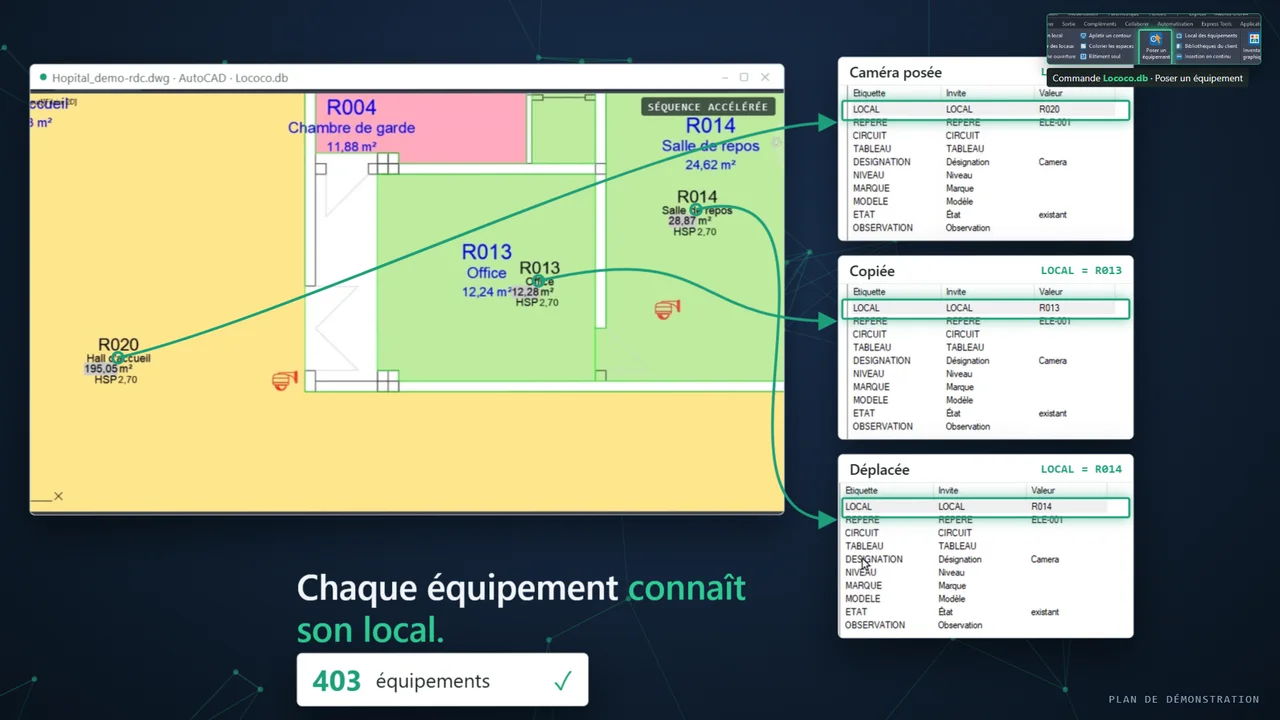 Une caméra posée, copiée puis déplacée : le champ LOCAL de sa fiche passe de R020 à R013 puis R014